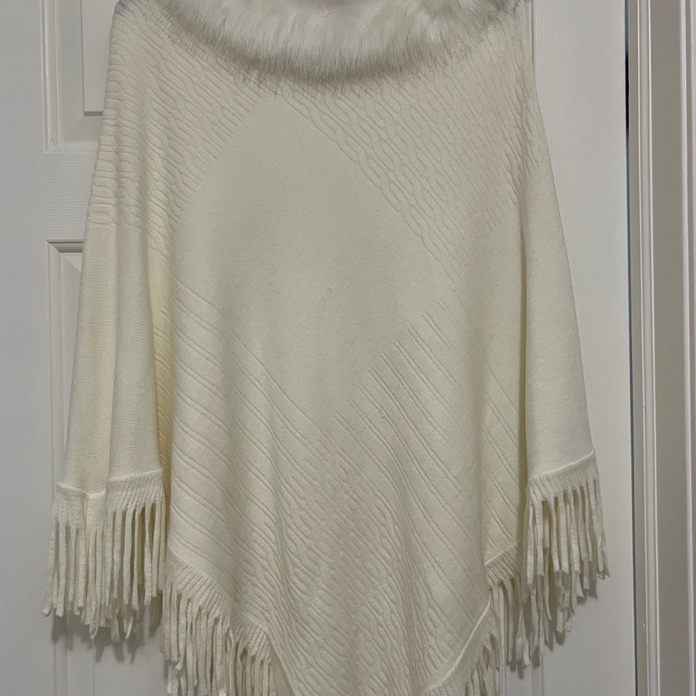 Elegant Cream Poncho with Fringe